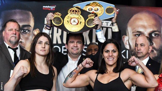 Katie Taylor and Victoria Bustos at Friday's weigh-in at the Barclays Centre in Brooklyn