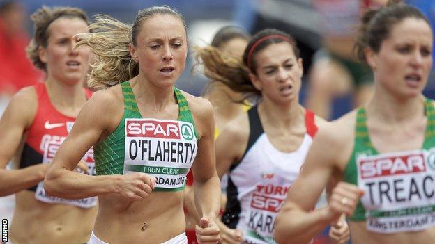 Kerry O'Flaherty tracks team-mate Sara Treacy in the 3,000m steeplechase heats at the European Championships