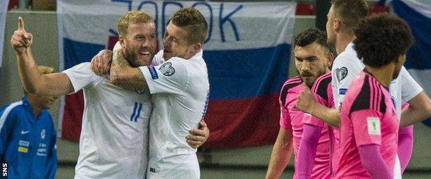 Slovakia's Adam Nemec (left) celebrates scoring against Scotland