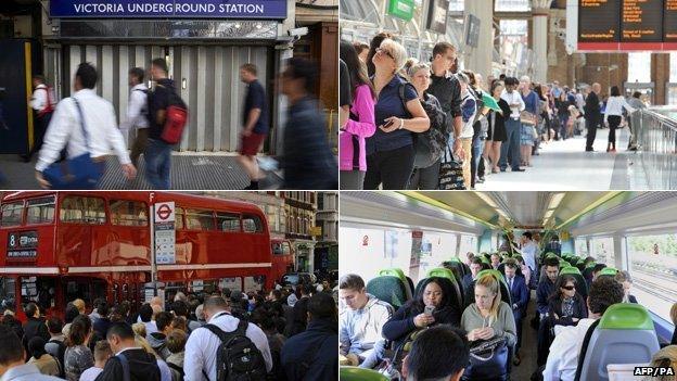 Commuters at Victoria, Liverpool Street and on a train at West Ham