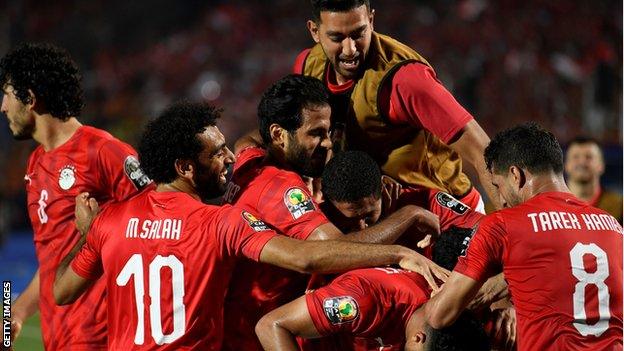 Egypt celebrate their goal against Zimbabwe