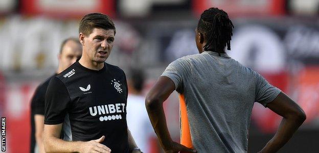 Nigeria's Joe Aribo talking to former Rangers manager Steven Gerrard