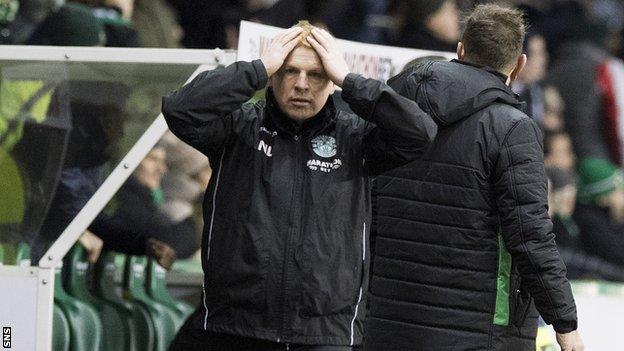 Neil Lennon shows his frustration as his Hibernian side are beaten by Rangers