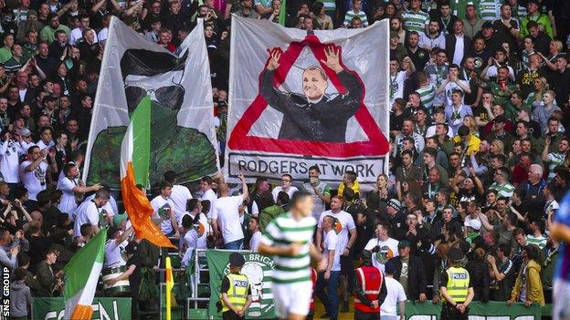 Celtic fans displayed banners during the win over Linfield in Glasgow