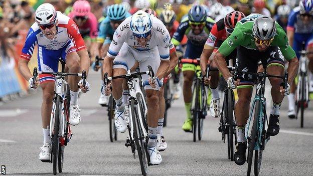 Arnaud Demare, Alexander Kristoff and Peter Sagan contest the final sprint on stage 13