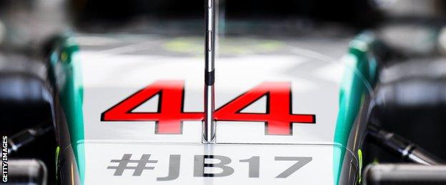 Lewis Hamilton's displays a tribute to Jules Bianchi on his car bonnet