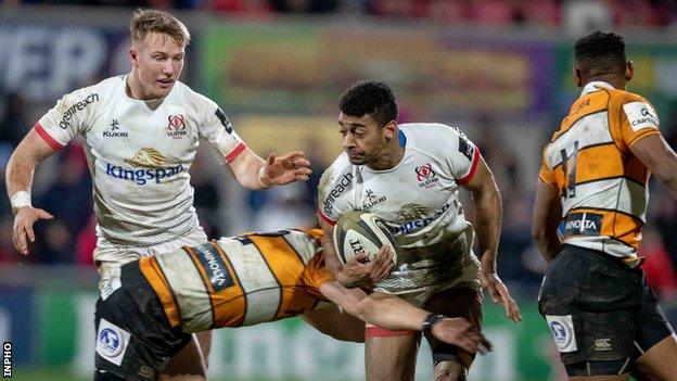 Robert Baloucoune attempts a run in Ulster's last game against Cheetahs on 22 February