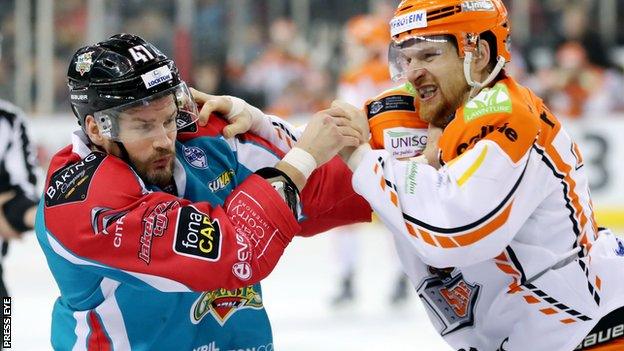 Giants captain Adam Keefe gets to grips with Sheffield's Zack Fitzgerald