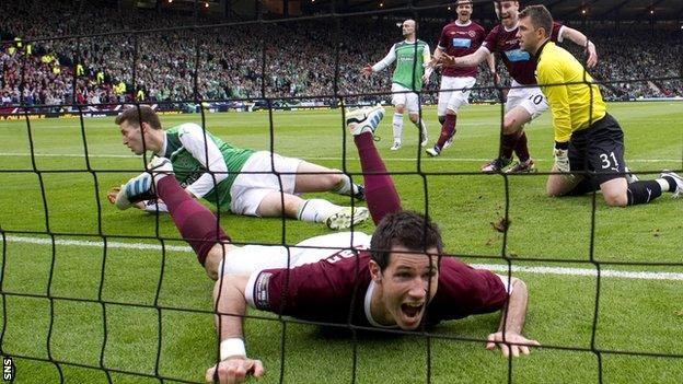 Ryan McGowan celebrates scoring in Heart of Midlothian's 2012 Scottish Cup final win against Hibernian