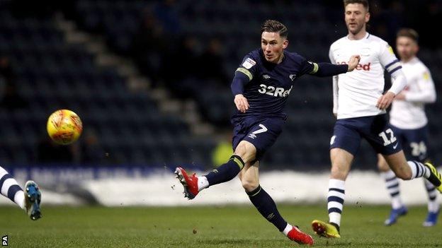 Derby's Harry Wilson shoots against Preston