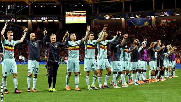 Belgium celebrate their 4-0 win over Hungary in the last 16