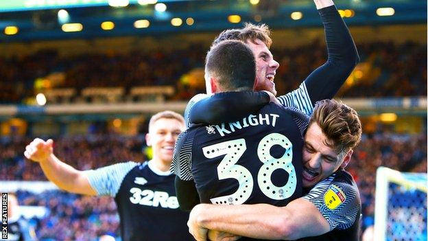 Derby celebrate Jason Knight's goal