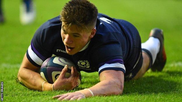 Huw Jones scores a try for Scotland against Australia