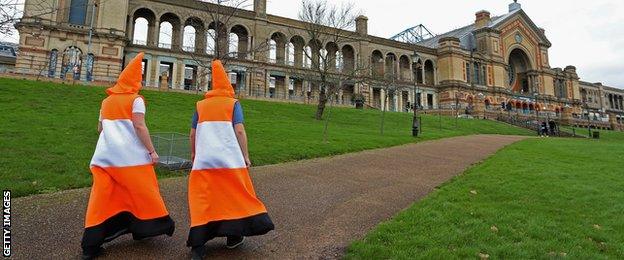 Traffic cones on their way to the darts at Alexandra Palace