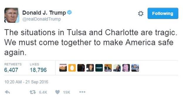 Donald Trump tweets: "The situations in Tulsa and Charlotte are tragic. We must come together to make America safe again."