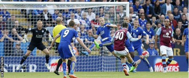 Jack Grealish scores Villa's first goal against Leicester