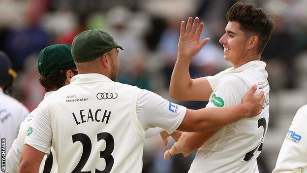 Worcestershire's Josh Tongue celebrates a wicket