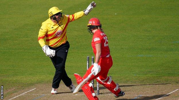 Trent Rockets' Rachel Priest stumps Welsh Fire's Alex Griffiths during The Hundred match at Sophia Gardens, Cardiff