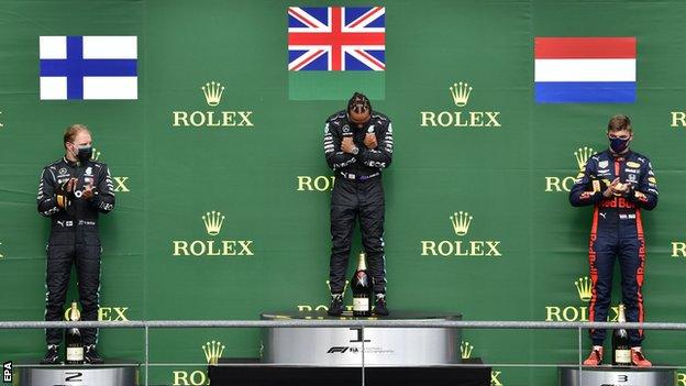 Valtteri Bottas, Lewis Hamilton and Max Verstappen on the podium in Belgium