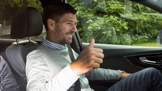 Manager Steven Gerrard arrives at the Rangers Football Centre on Wednesday morning