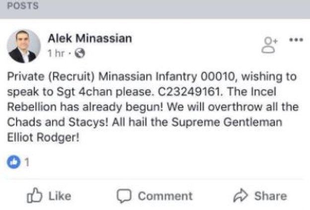 Private (Recruit) Minassian infantry 00010 , wishing to speak to Sgt 4chan please. C23249161. The Incel Rebellion has already begun! We will overthrow all the Chads and Stacys! All hail the Supreme Gentleman Elliot Rodger!"