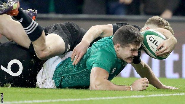 Jacob Stockdale goes over for Ireland's only try as they beat New Zealand on home for the first time in November