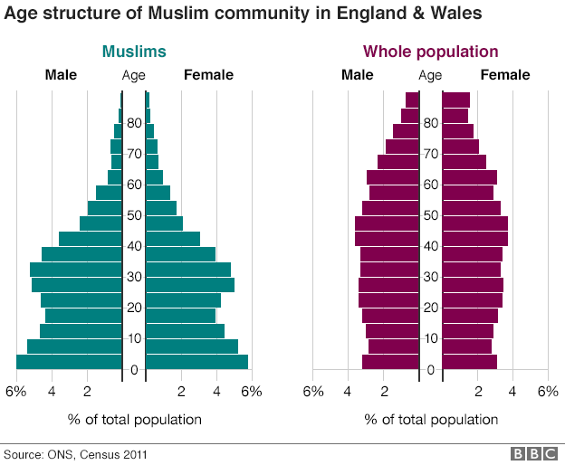 Graph comparing age of Muslim community with total population of England and Wales