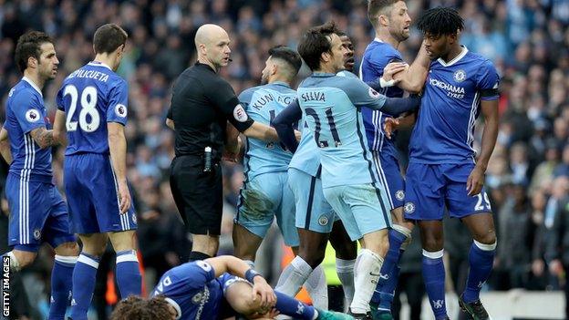 Frustrations boiled over for players from both teams after Sergio Aguero caught David Luiz with a late challenge