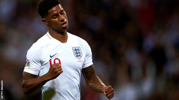 Marcus Rashford celebrates his goal for England against Spain in September.