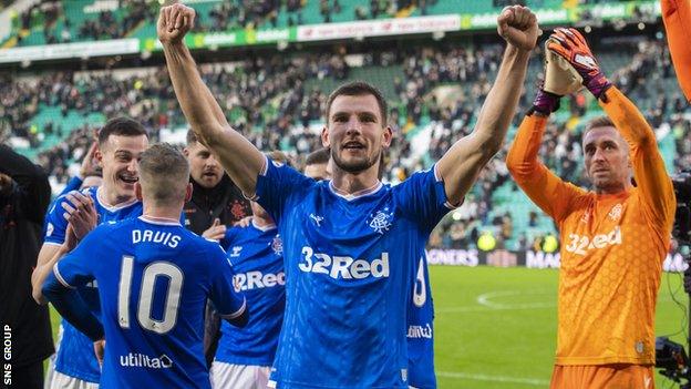 Rangers full-back Borna Barisic celebrates after a win at Celtic Park last season