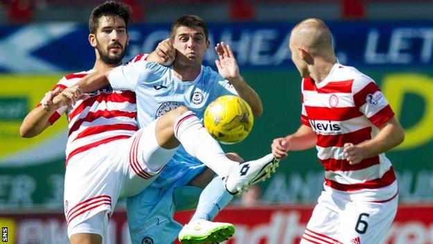 Partick Thistle's Kris Doolan (centre) battles for the ball against Hamilton's Jesus Garcia Tena (left)