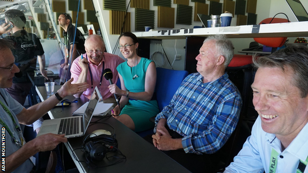 Simon Mann, Vic Marks, Alison Mitchell, Jim Maxwell and Glenn McGrath take part in a TMS Boxing Day quiz