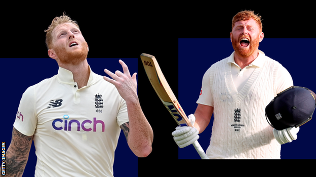 A split image of England batters Ben Stokes (left) and Jonny Bairstow (right) celebrating centuries, on a dark blue square and black background