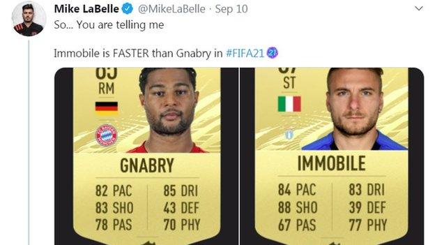 A Twitter user compares the speed of Bayern Munich winger Serge Gnabry and Lazio striker Ciro Immobile