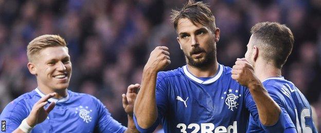 Niko Kranjcar celebrates his goal for Rangers against Stranraer