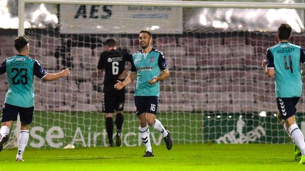 City striker Nathan Boyle celebrates the first goal in his double at Dalymount Park