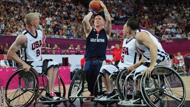 Great Britain's Terry Bywater in wheelchair basketball action at London 2012