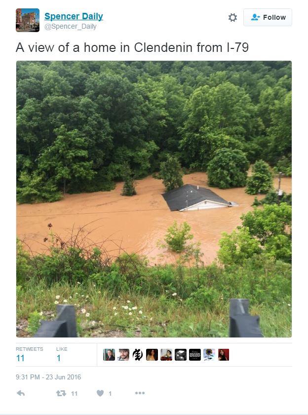 Twitter image showing a house under water in West Virginia flooding.