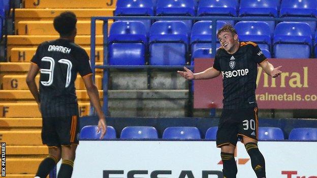 Joe Gelhardt celebrates scoring at Tranmere