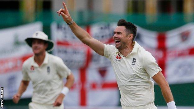 England bowler James Anderson celebrates taking a wicket on day three of the second Test against South Africa in Cape Town