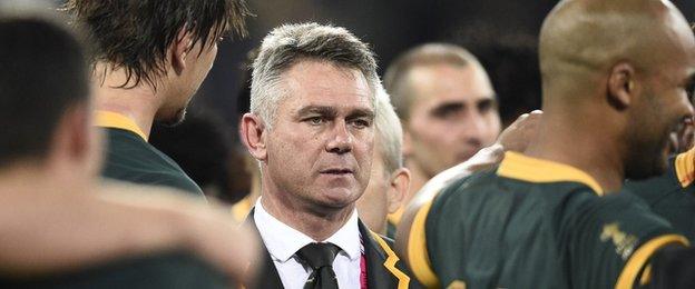 Heyneke Meyer looks on after winning the bronze medal match of the 2015 Rugby World Cup between South Africa and Argentina