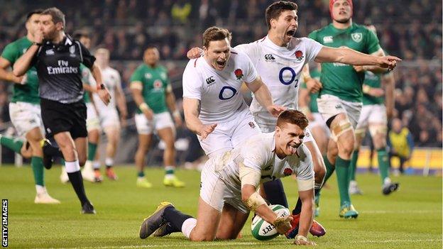 England's Henry Slade scores a try against Ireland