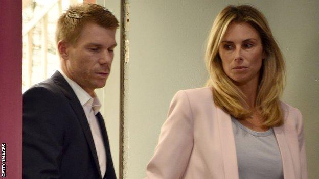 David Warner and Candice before a news conference