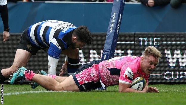 Jack Innard scores Exeter's opening try against Bath in the Anglo-Welsh Cup final