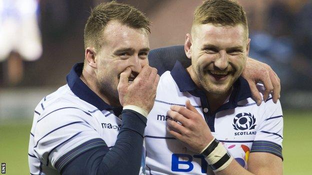 Stuart Hogg (left) and Finn Russell share a joke after Scotland's autumn win over Georgia