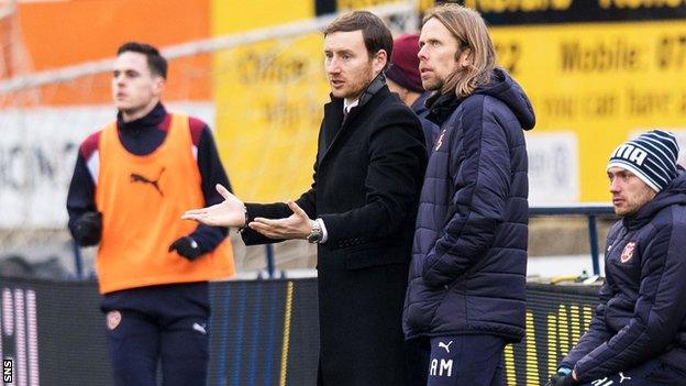 Hearts head coach Ian Cathro and assistant Austin MacPhee