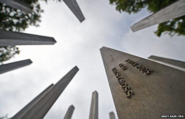 Columns for the victims of the London bombings at the 7/7 Memorial at Hyde Park in London