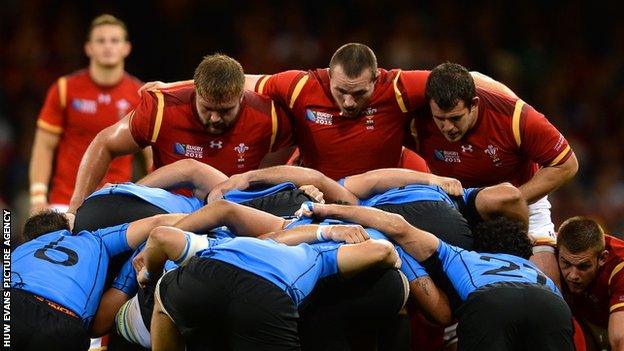 Tomas Francis (left in scrum) won his third Wales cap against Uruguay