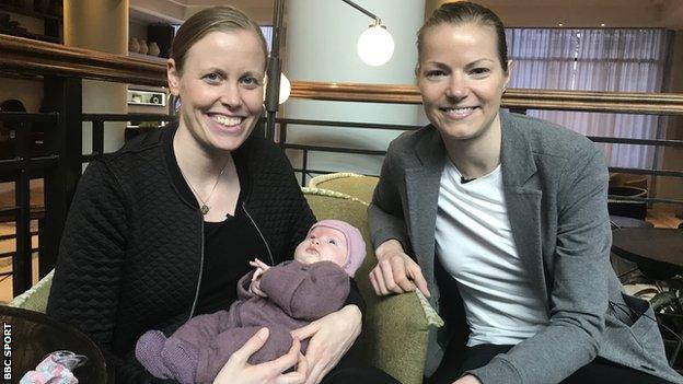 Kamilla Rytter Juhl and Christinna Pedersen with their baby daughter, Molly