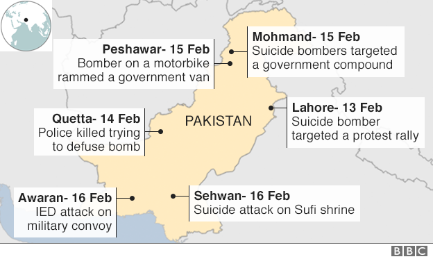 Map showing militant attacks this week in Pakistan: Lahore on Feb 13, Quetta on Feb 14, Peshawar and Mohmand on Feb 15, Awaran and Sehwan on Feb 16